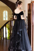 Black Sweetheart Tulle and Velvet Long Party Dress,Black Short Sleeves Prom Dress