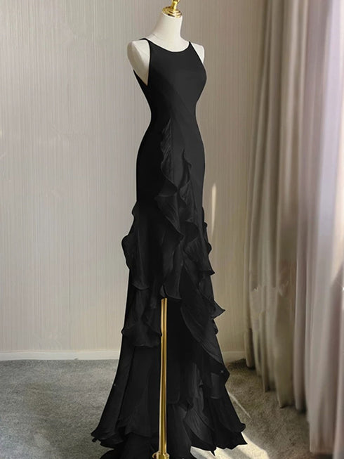 Black Mermaid Round Neckline Low Back Party Dress, Black High Low Prom Dress