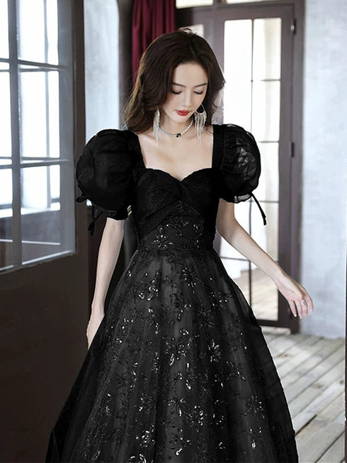 Black A-line Short Sleeves Sweetheart Tulle Party Dress, Black Floor Length Prom Dress