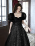Black A-line Short Sleeves Sweetheart Tulle Party Dress, Black Floor Length Prom Dress