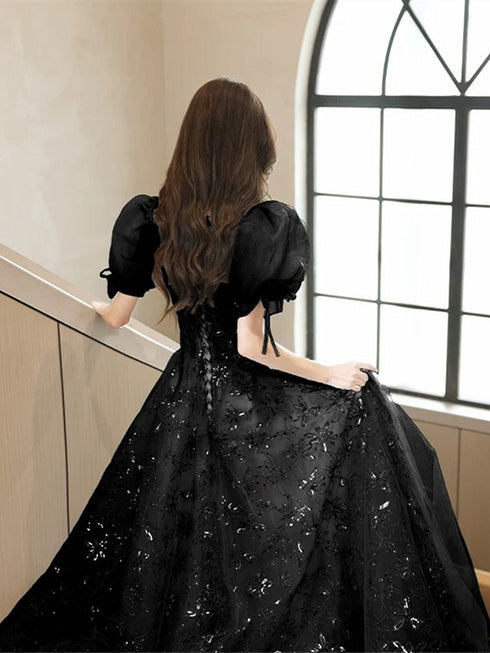 Black A-line Short Sleeves Sweetheart Tulle Party Dress, Black Floor Length Prom Dress