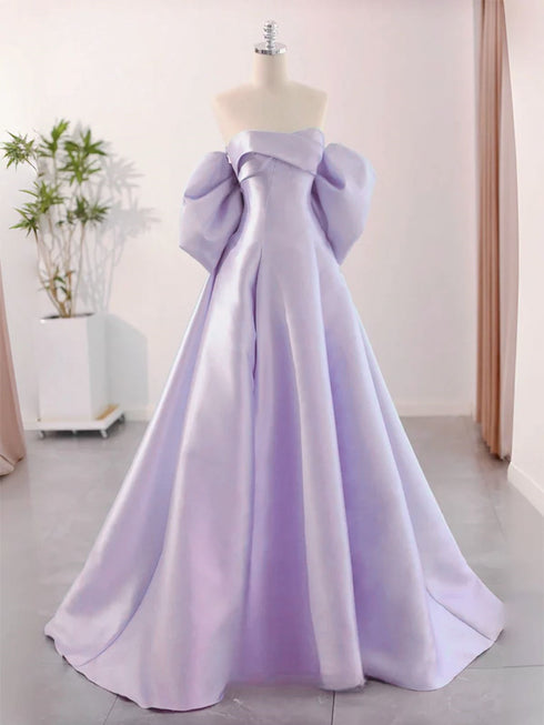 Charming Purple Satin Off Shoulder Evening Dress, Purple Satin Long Prom Dress