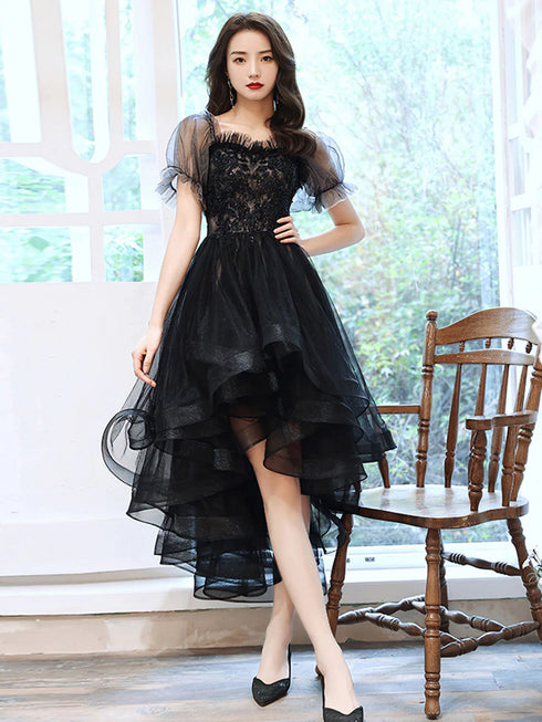 Cute Black High Low Tulle with Lace Applique Party Dress, Black Tulle Homecoming Dress