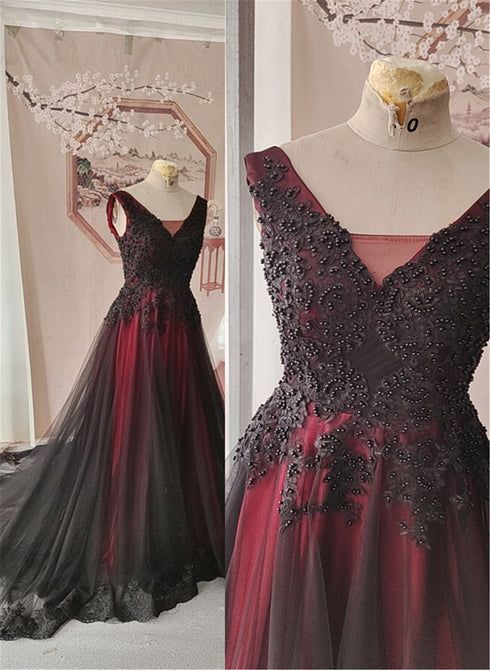 Black and Red Tulle V-neckline Beaded Party Dress, Black and Red Evening Dress