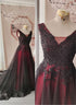 Black and Red Tulle V-neckline Beaded Party Dress, Black and Red Evening Dress