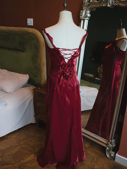 Wine Red V-neckline Mermaid Long Straps Party Dress, Wine Red Satin Prom Dress