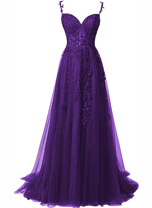 Chic Purple Sweetheart Straps Long Tulle Party Dress, Purple Long Evening Dress