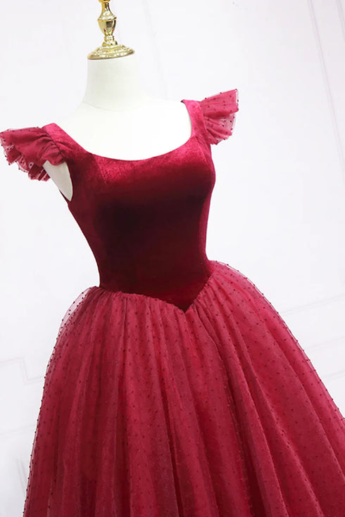 Wine Red Velvet Tea Length Round Neckline Formal Dress, Wine Red Velvet Prom Dress