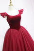 Wine Red Velvet Tea Length Round Neckline Formal Dress, Wine Red Velvet Prom Dress