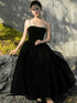 Elegant Velvet Black Straps Tea Length Party Dress, Black Wedding Party Dress