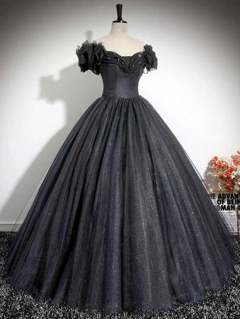 Black Shiny Tulle Off Shoulder Floor Length Party Dress, Black Long Prom Dress