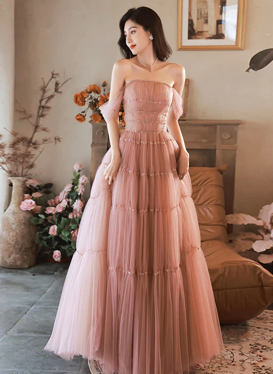 Beutiful Pink Off Shoulder Tulle Beaded Long Party Dresses, Pink Formal Dresses