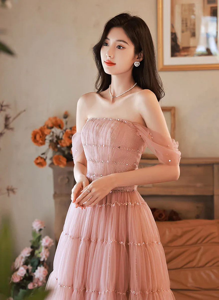Pink Off Shoulder A-Line Ruffles Sheath Short Party Dress Birthday Outfits, DP3119 main image 1