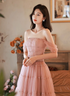 Pink Tulle Off Shoulder Long Party Dress, A-line Pink Beaded Prom Dress