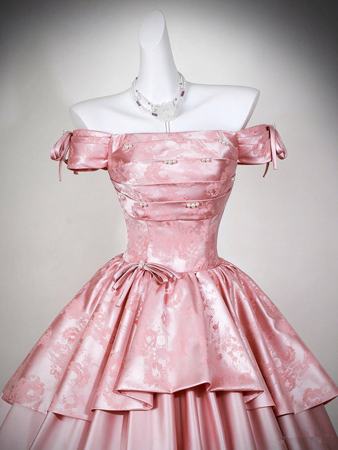 Cute Off Shoulder Pink Satin Ball Gown Evening Dress, Pink Sweet 16 Formal Dress Party Dress