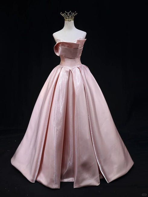 Pink A-line Strapless Long Satin Prom Dress, Pink Floor Length Evening Dress Party Dress
