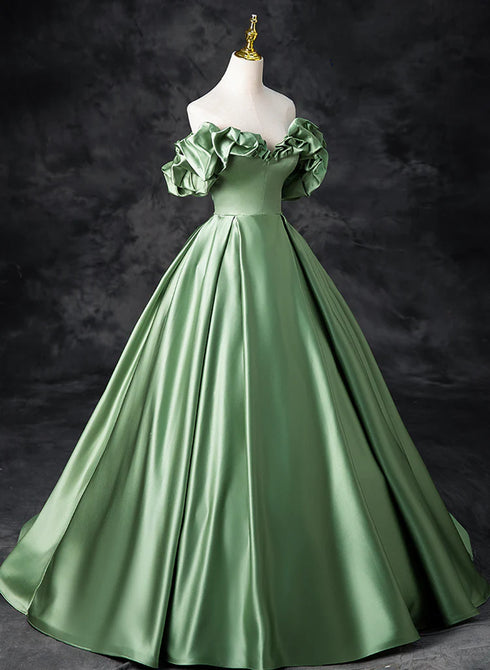 Green Satin Off Shoulder Long Party Dress, A-line Green Prom Dress