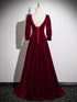 Wine Red Long Sleeves A-line Floor Length Prom Dress, Wine Red Velvet Party Dress