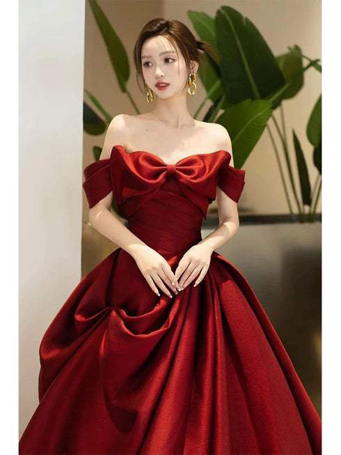Wine Red Satin Sweetheart Off Shoulder Party Dress With Bow, Wine Red Satin Prom Dress