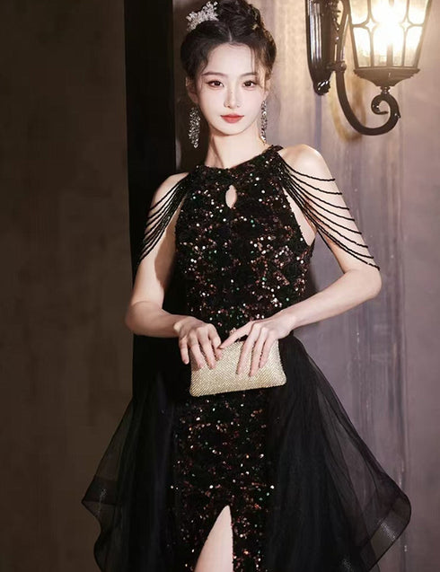 Black Sequins and Tulle Long Party Dress, Black Chic Beaded Floor Length Prom Dress