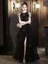 Black Sequins and Tulle Long Party Dress, Black Chic Beaded Floor Length Prom Dress