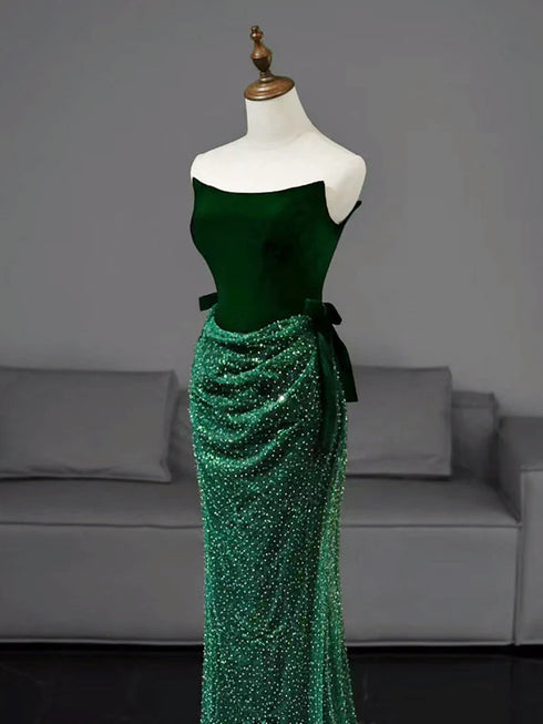 Green Strapless Velvet and Sequins Long Party Dress, Green Mermaid Long Prom Dress