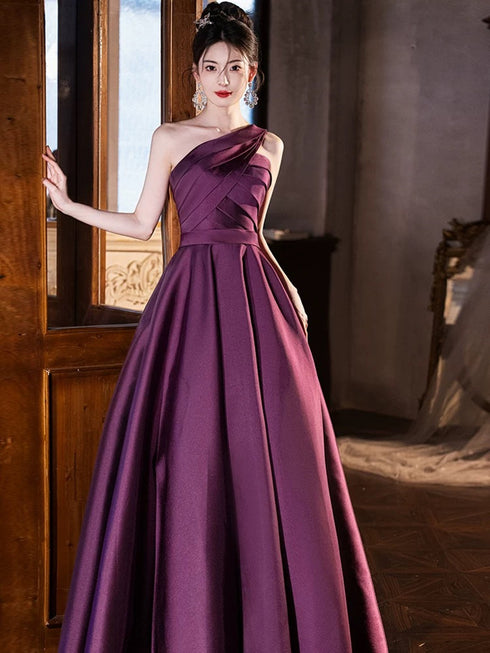 Purple A-line Satin One Shoulder Floor Length Party Dress, Purple Prom Dress with Bow