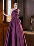Purple A-line Satin One Shoulder Floor Length Party Dress, Purple Prom Dress with Bow