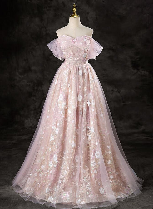 A-line Pink Lace and Tulle Sweetheart Party Dress, Pink Tulle Prom Dress