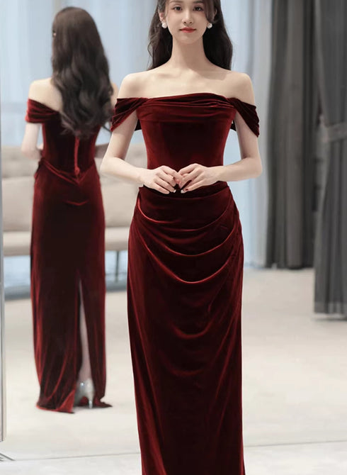 Wine Red Off Shoulder Scoop Long Party Dress, Wine Red Velvet Prom Dress
