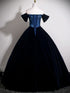 Navy Blue Velvet Off Shoulder Floor Length Party Dress, Navy Blue Lace Long Prom Dress