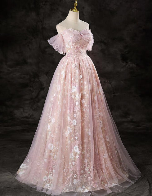 A-line Pink Lace and Tulle Sweetheart Party Dress, Pink Tulle Prom Dress