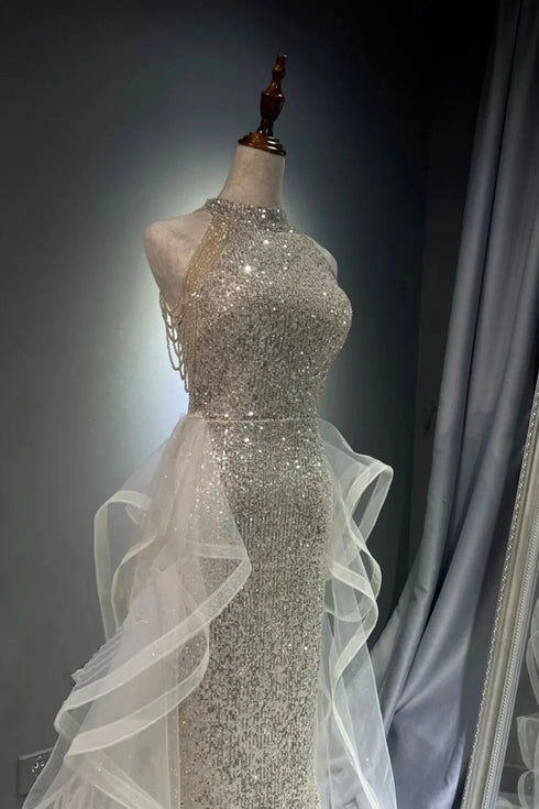 White Tulle and Sequins Long Prom Dress, Halter A-line Party Dress Formal Dress