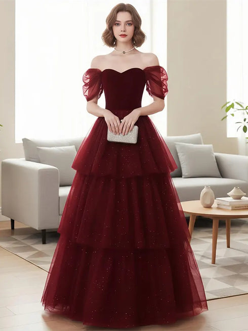 Wine Red Tulle Layers A-line Off Shoulder Prom Dress, Wine Red Tulle Long Party Dress