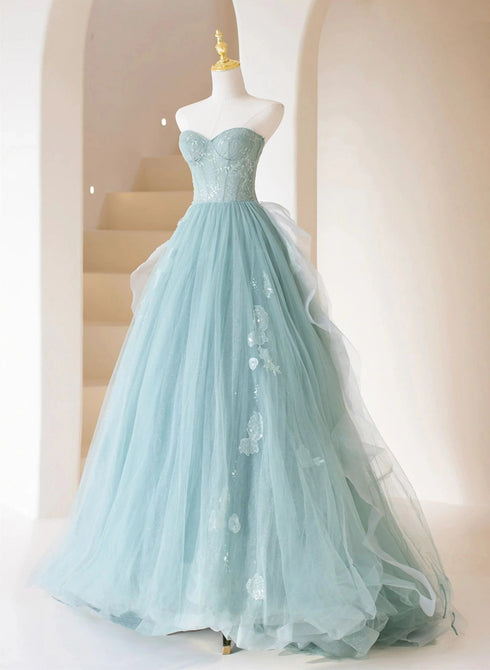 A-line Tulle Strapless Long Prom Dress, A-Line Tulle Formal Evening Dress