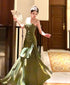 Charming Green Satin Straps Long Layers Evening Dress, Green Satin Long Party Dress Prom Dress