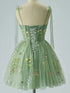 Cute Green Floral Tulle Straps Knee Length Homecoming Dress, Green Sweetheart Short Party Dress
