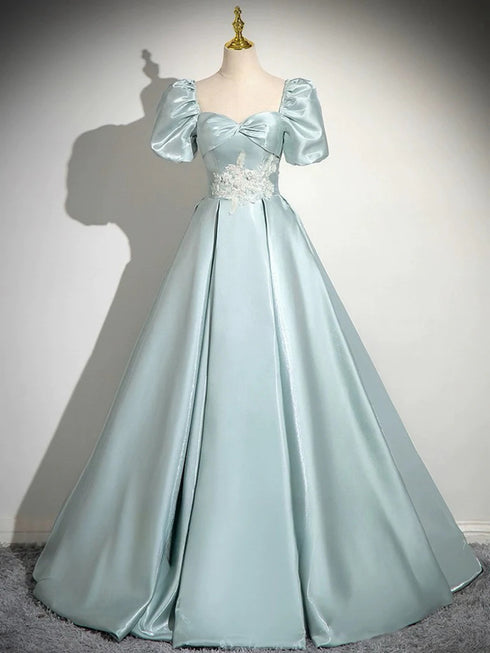 Light Green Satin Short Sleeves Party Dress, A-line Green Satin Prom Dress with Lace Applique