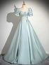 Light Green Satin Short Sleeves Party Dress, A-line Green Satin Prom Dress with Lace Applique