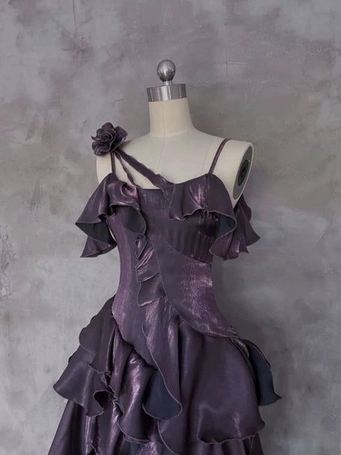 Purple Satin High Low Stylish Long Formal Dress, Purple Prom Dress Evening Dress