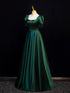 A-line Green Satin Short Sleeves Floor Length Party Dress, Green Satin Prom Dress
