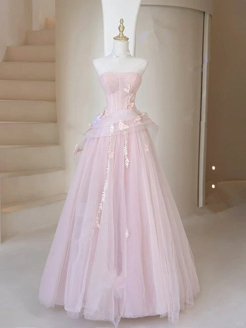 Pink Strapless A-line Sweetheart Tulle with Lace, A-line Pink Lovely Prom Dress Evening Dress