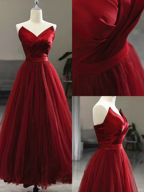Wine Red Tea Length Tulle V-neckline Prom Dress, Wine Red Tulle Party Dress
