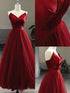 Wine Red Tea Length Tulle V-neckline Prom Dress, Wine Red Tulle Party Dress