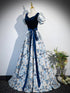 Blue Floral Satin Short Sleeves Long Formal Dress, Blue Satin A-line Party Dress