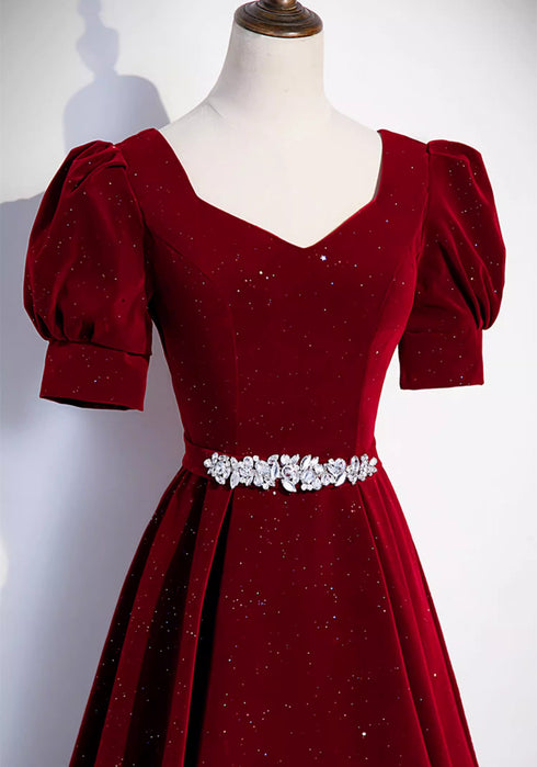 Wine Red A-line Velvet Beaded Party Dress, Wine Red Velvet Long Prom Dress