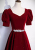 Wine Red A-line Velvet Beaded Party Dress, Wine Red Velvet Long Prom Dress