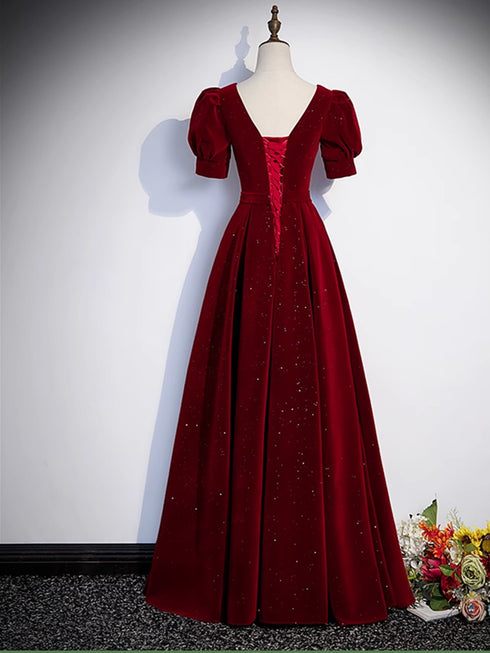 Wine Red A-line Velvet Beaded Party Dress, Wine Red Velvet Long Prom Dress
