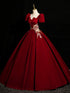 Wine Red Velvet Short Sleeves Long Party Dress, Wine Red Prom Dress with Lace