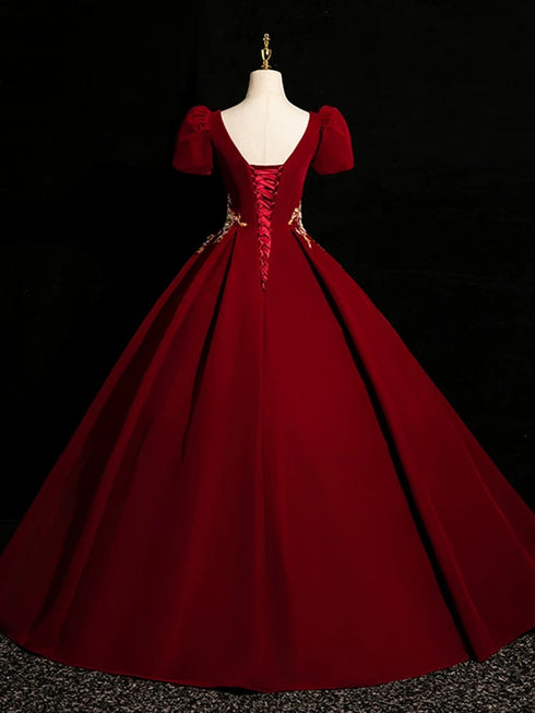 Wine Red Velvet Short Sleeves Long Party Dress, Wine Red Prom Dress with Lace